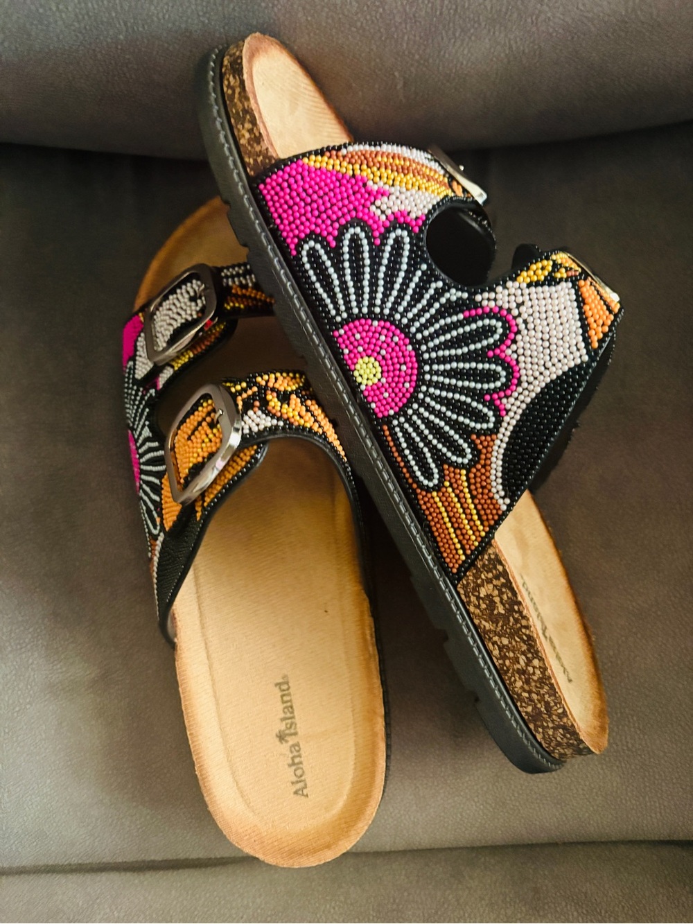 Aloha Island Women's Beaded Floral Double-Buckle Sandals - Pink, Black, Orange